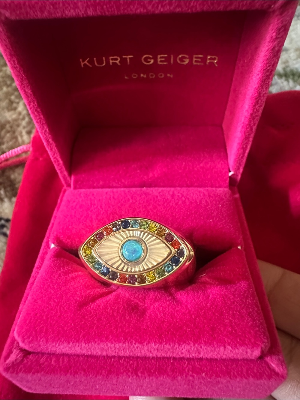 Kurt Geiger Gold Rainbow Eye Ring with Blue Opal Center